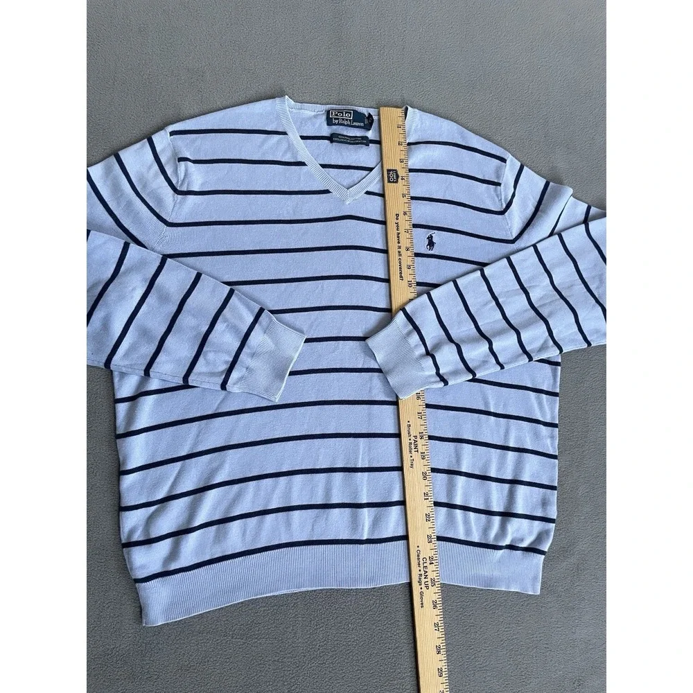 Polo Ralph Lauren Sweater Mens Medium Blue Striped Pima Cotton V Neck Logo Pony